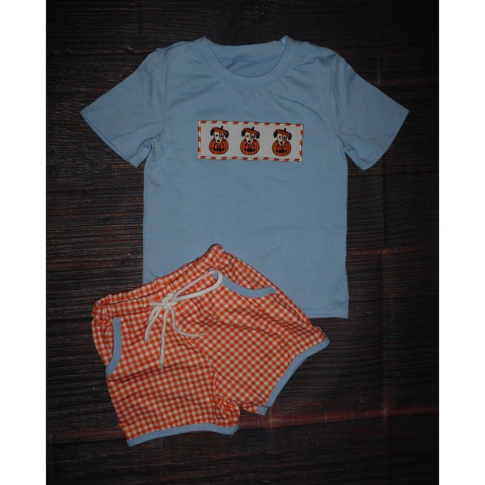 Boutique Pumpkin Puppy Dog Boys Plaid Shorts Outfit Set